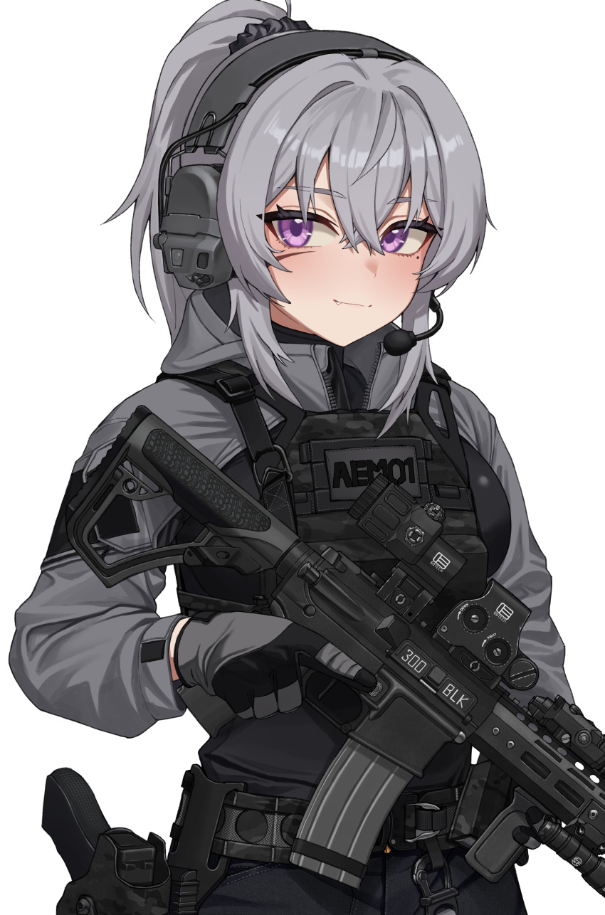 1girl, absurdres, ar-15, assault_rifle, black_pantyhose, blush, bt_(user_udwc7853), closed_mouth