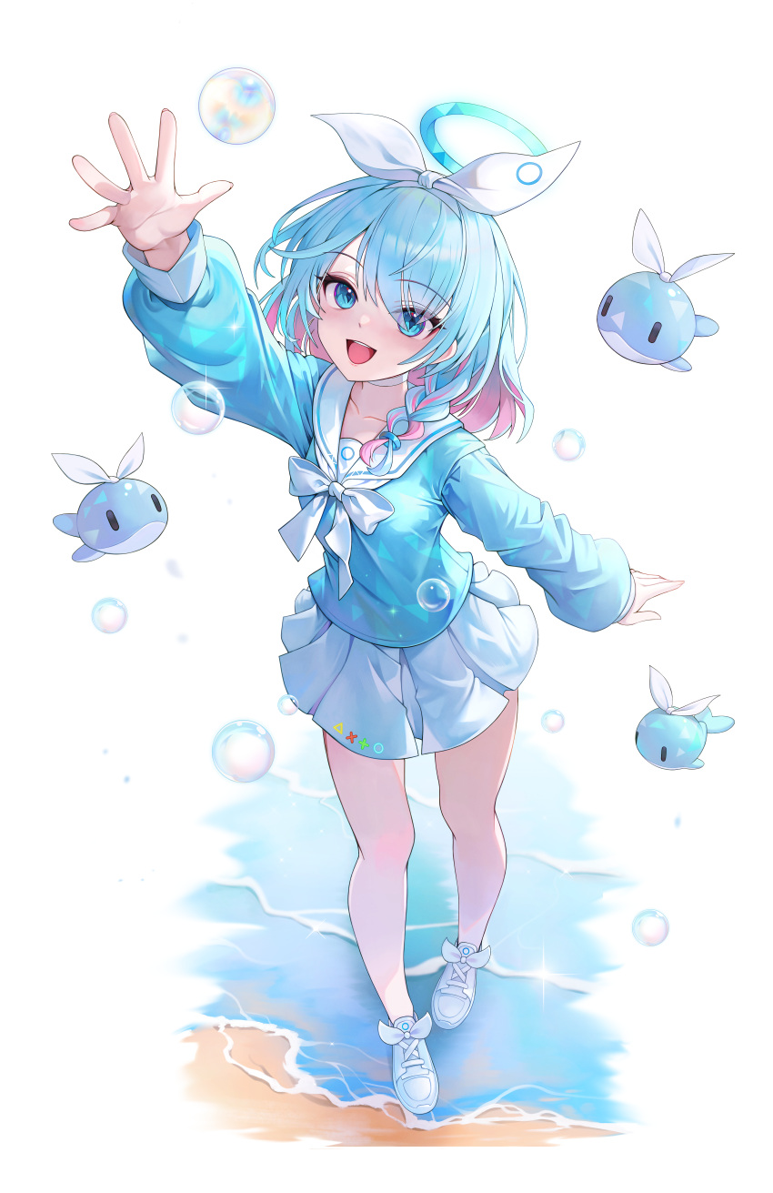 1girl, absurdres, arm_up, arona_(blue_archive), beach, blue_archive, blue_halo, blue_shirt