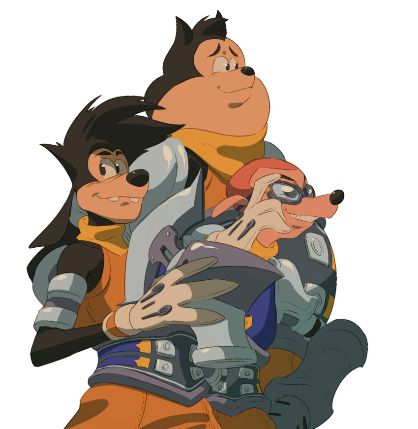 3boys, a_goofy_movie, belly, black_hair, bobby_zimuruski_(a_goofy_movie), closed_mouth, english_text, fat, floppy_ears, fumssketches, furry, furry_male, goggles, goof_troop, grin, helmet, highres, holding, holding_unworn_helmet, kingdom_hearts, looking_at_viewer, looking_to_the_side, male_focus, max_goof, mickey_mouse_&amp;_friends, multiple_boys, orange_hair, peter_pete_jr., plump, smile, unworn_headwear, unworn_helmet, white_background