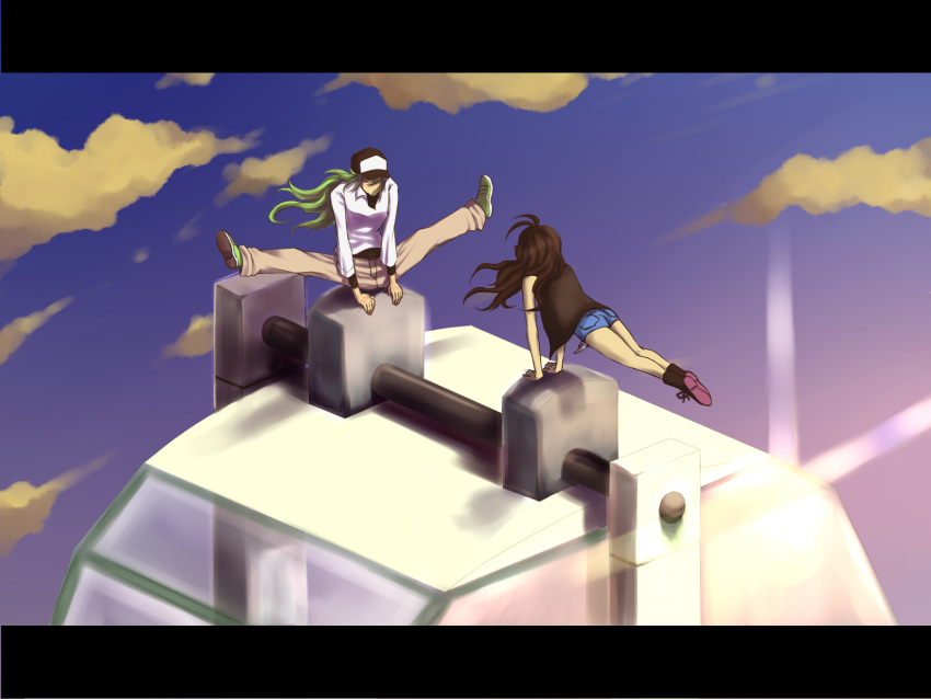 baseball_cap, brown_hair, cloud, denim, denim_shorts, erukin_masa, ferris_wheel, green_hair