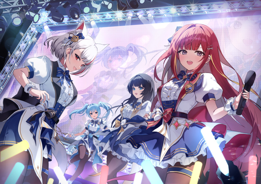 4girls, :d, akane_lize, animal_ears, arahashi_tabi, black_hair, blue_bow, blue_eyes, blue_hair, bow, breasts, brown_pantyhose, center_frills, commentary, concert, frilled_skirt, frills, glowstick, grey_hair, hair_bow, highres, holding, holding_microphone, idol_clothes, looking_at_viewer, microphone, multicolored_hair, multiple_girls, neneko_mashiro, open_mouth, pantyhose, puffy_short_sleeves, puffy_sleeves, red_eyes, red_hair, shirayuki_hina, short_sleeves, skirt, smile, stage_lights, stellive, streaked_hair, twintails, violet_eyes, virtual_youtuber, white_wrist_cuffs, wrist_cuffs, zima_(win_octopus)