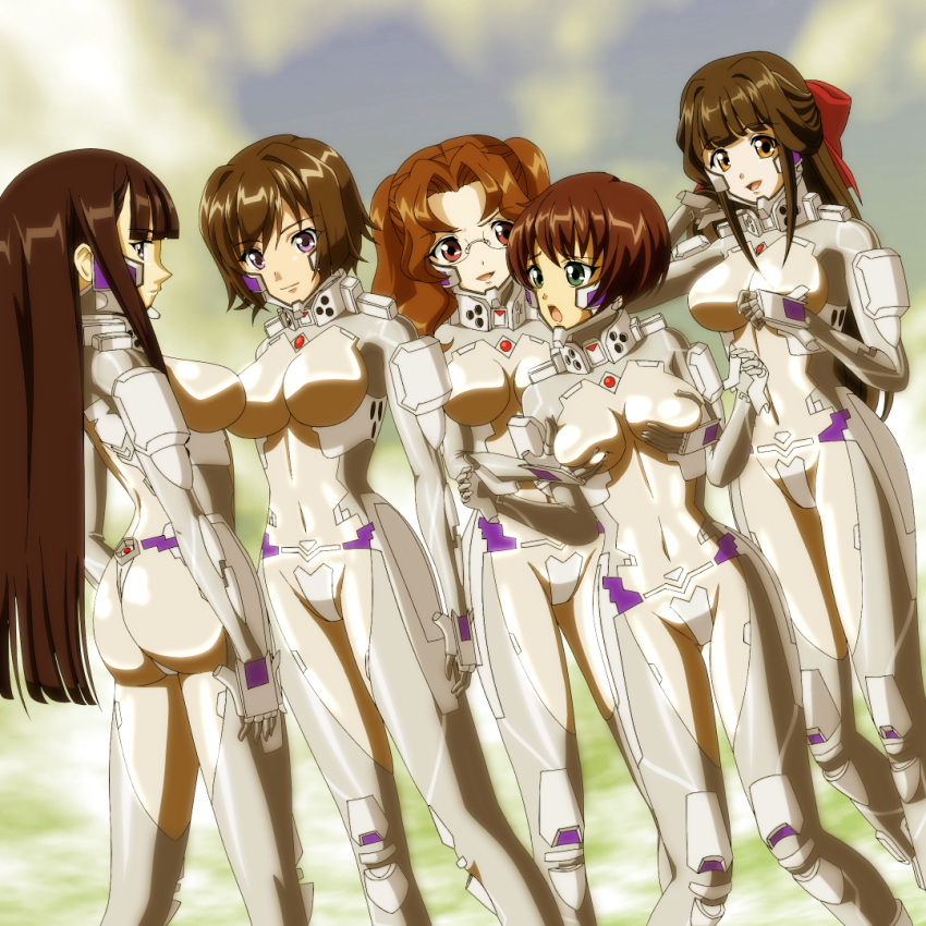 5girls, armored_bodysuit, black_eyes, black_hair, blue_eyes, bodysuit, bow, brown_eyes