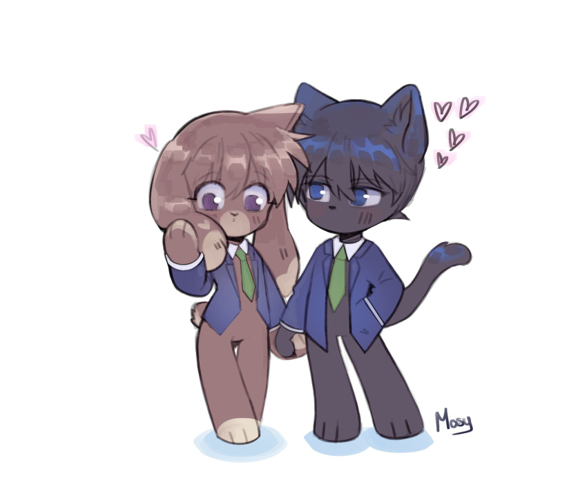 1boy, 1girl, animal_ears, artist_name, black_cat, blue_eyes, blue_jacket, cat