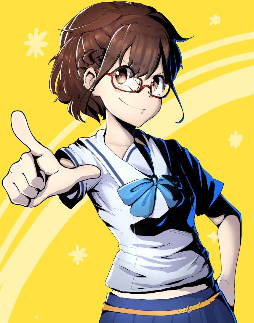 1girl, bespectacled, braid, brown_eyes, brown_hair, chest_bow, chuo_tanegashima_high_school_uniform, glasses