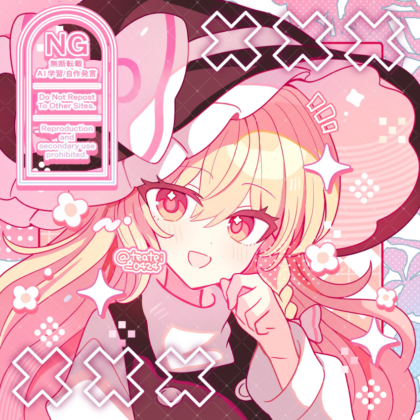 1girl, :d, black_hat, black_vest, blonde_hair, blush, bow, braid