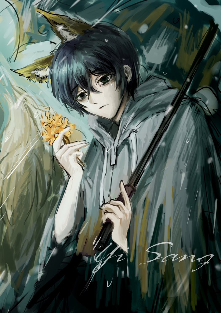 1boy, animal_ear_fluff, animal_ears, bags_under_eyes, black_eyes, black_hair, black_shirt, blue_umbrella