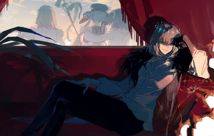 1boy, absurdres, arthropod_boy, arthropod_limbs, artoria_caster_(fate), artoria_pendragon_(fate), blue_eyes, crown