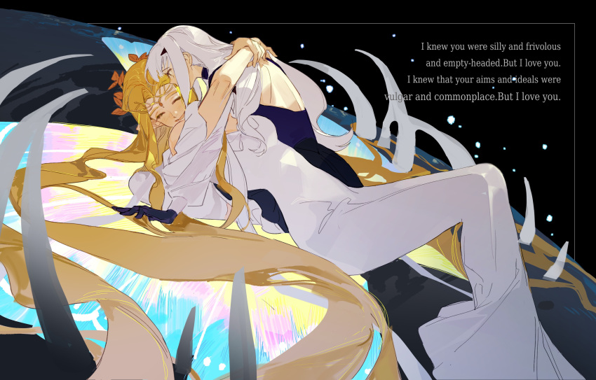 2girls, absurdres, aurora_(fate), black_background, blonde_hair, blush, circlet, closed_eyes