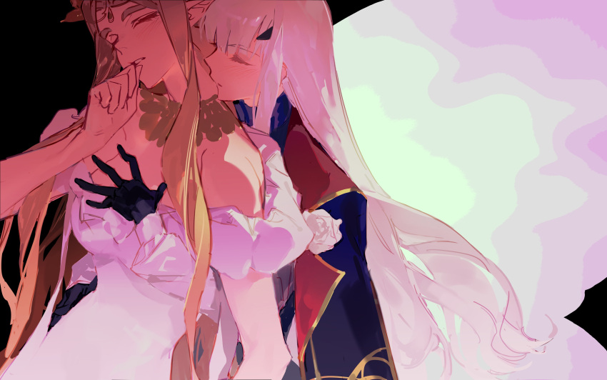 2girls, absurdres, aurora_(fate), black_background, blonde_hair, cape, circlet, closed_eyes