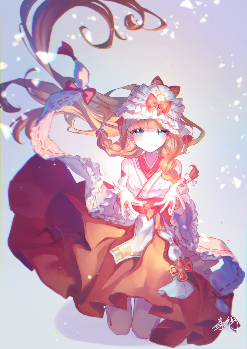 1girl, absurdres, blonde_hair, blue_eyes, bow, bowtie, braid, commentary_request