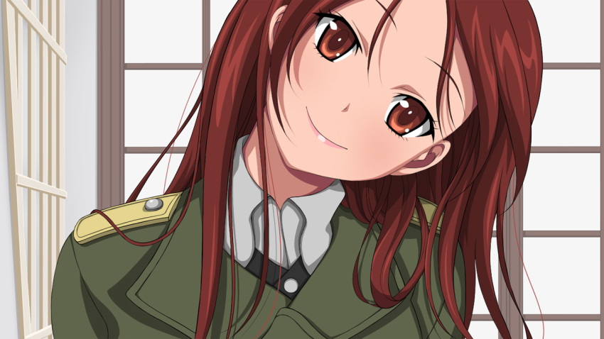 brown_eyes, brown_hair, denpa_onna_to_seishun_otoko, derivative_work, head_tilt, long_hair, minna-dietlinde_wilcke, monizumi_ishikawa, parody, smile, solo, strike_witches, style_parody, touwa_meme, uniform
