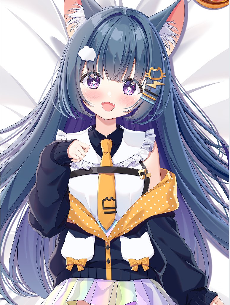 animal_ears, collar, dakimakura_(medium), dakimakura_(object), fang, hair_ornament, kazekami_chino, lying