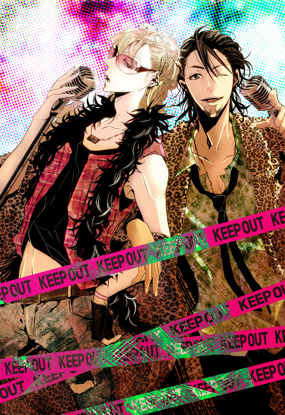 alicesou, bad_id, barnaby_brooks_jr, blonde_hair, boa, brown_eyes, brown_hair, caution_tape, facial_hair, feather_boa, fingerless_gloves, glasses, gloves, green_eyes, highres, jacket, kaburagi_t_kotetsu, leopard_print, male, microphone, midriff, multiple_boys, necktie, pointing, short_hair, singing, single_glove, stubble, tiger_&amp;_bunny, vest, wink