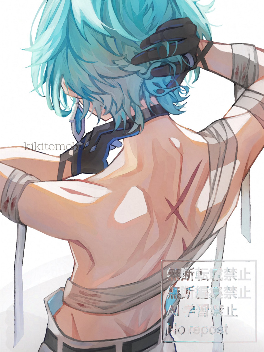 1boy, bandage_on_chest, bandaged_arm, bandaged_stomach, bandages, belt, belt_collar, black_choker, black_gloves, blue_gloves, choker, collar, commentary_request, earrings, from_above, from_behind, genshin_impact, gloves, green_hair, hand_in_own_hair, hand_on_own_neck, highres, injury, jewelry, kigi_(kikitomoku), lohen_(genshin_impact), male_focus, multicolored_gloves, pants, scar, scar_on_back, scar_on_shoulder, short_hair, single_earrings, solo, topless_male, twitter, two-tone_gloves, upper_body, white_background, white_pants