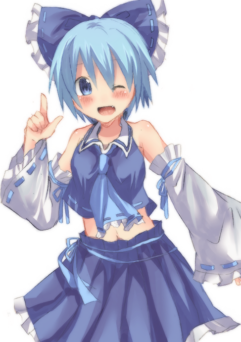 ascot, blue_eyes, blue_hair, blush, bow, cirno, cosplay, detached_sleeves
