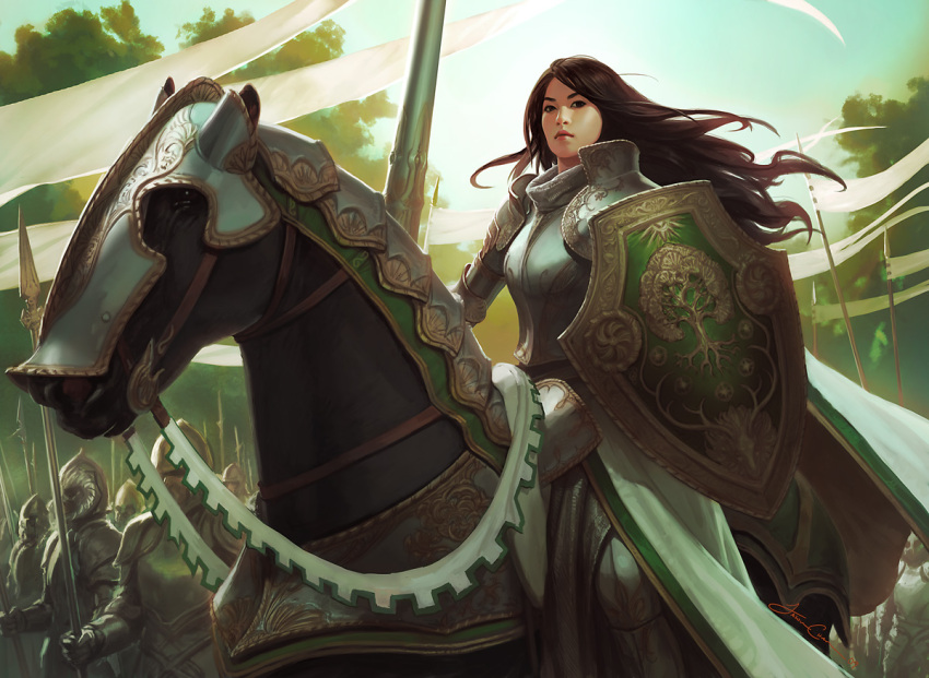 banner, barding, breastplate, brown_hair, female, helmet, horse, jason_chan