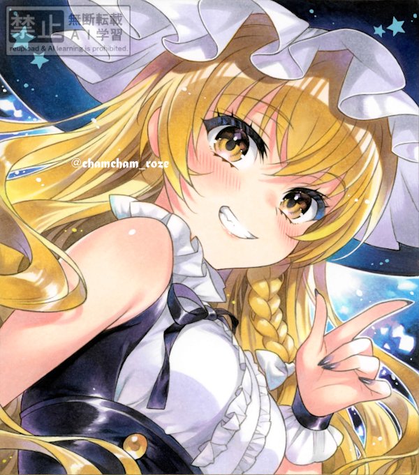 1girl, black_hat, black_nails, blonde_hair, blush, bow, braid, breasts