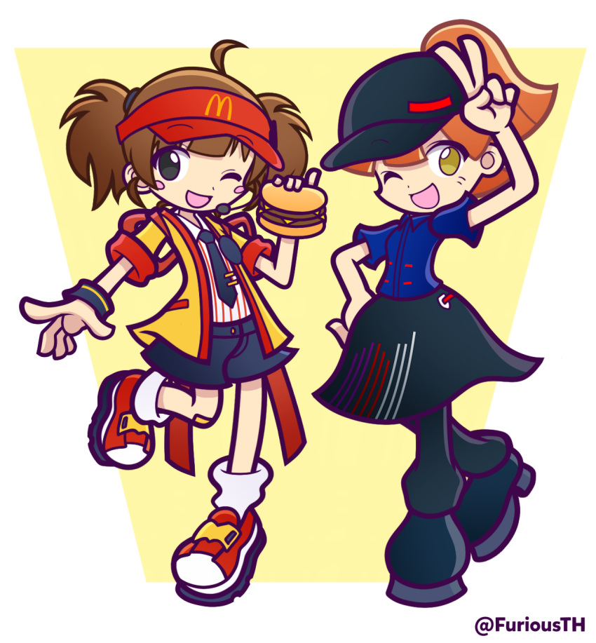 2girls, :d, ;d, ahoge, alternate_costume, apron, arle_nadja, arm_up