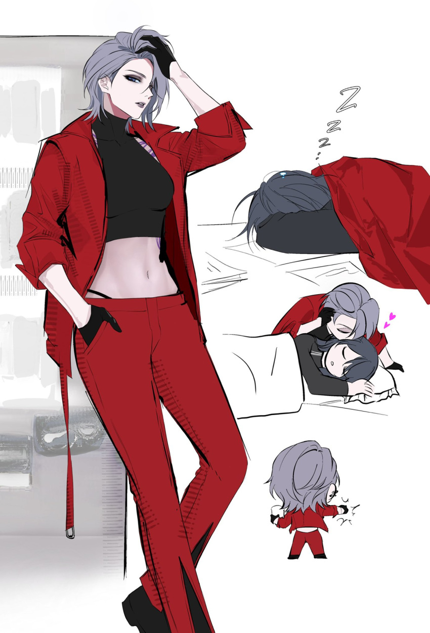 2girls, arima00001, black_gloves, black_lips, chief_(path_to_nowhere), commentary_request, cropped_shirt, female_chief_(path_to_nowhere)