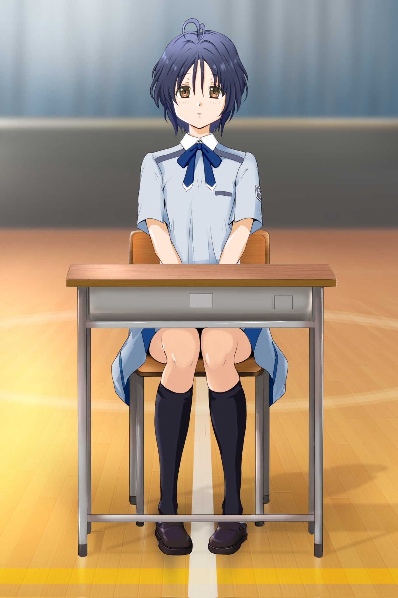 1girl, 22/7, antenna_hair, black_hair, black_socks, blue_bow, blue_bowtie, blue_dress, blurry, boku_wa_sonzai_shiteinakatta, bow, bowtie, brown_eyes, brown_shoes, bxtbsy7q76gxh73, chair, collared_dress, depth_of_field, desk, dress, emblem, expressionless, full_body, highres, indoors, kneehighs, loafers, looking_at_viewer, on_chair, parted_lips, pleated_dress, school_chair, school_desk, school_gym, shoes, short_hair, short_sleeves, sitting, socks, solo, straight-on, takigawa_miu
