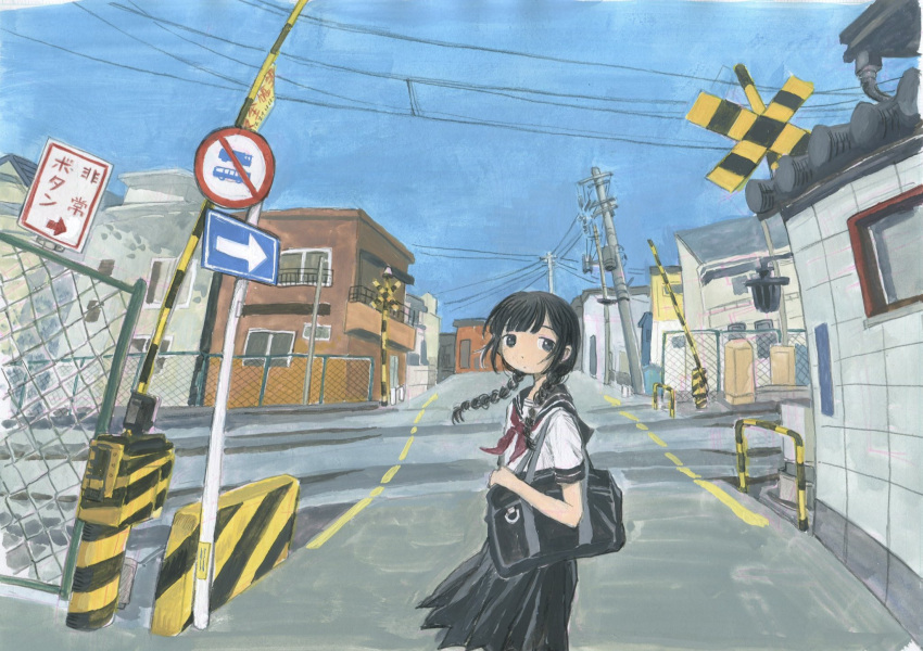 1girl, arrow_(symbol), bag, black_bag, black_hair, black_skirt, blue_eyes, blue_sky, blunt_bangs, boom_barrier, braid, building, chain-link_fence, city, commentary, day, expressionless, fence, hazard_stripes, highres, holding, holding_bag, long_hair, looking_at_viewer, looking_to_the_side, neckerchief, nihiru0513, no_motor_vehicles_sign, no_symbol, one_way_sign, original, outdoors, painting_(medium), perspective, pleated_skirt, power_lines, railroad_crossing, red_neckerchief, road, road_sign, sailor_collar, school_bag, school_uniform, serafuku, shirt, short_hair, short_sleeves, sign, skirt, sky, solo, standing, street, traditional_media, untranslatable_commentary, urban, utility_pole, watercolor_(medium), white_shirt, wide_shot