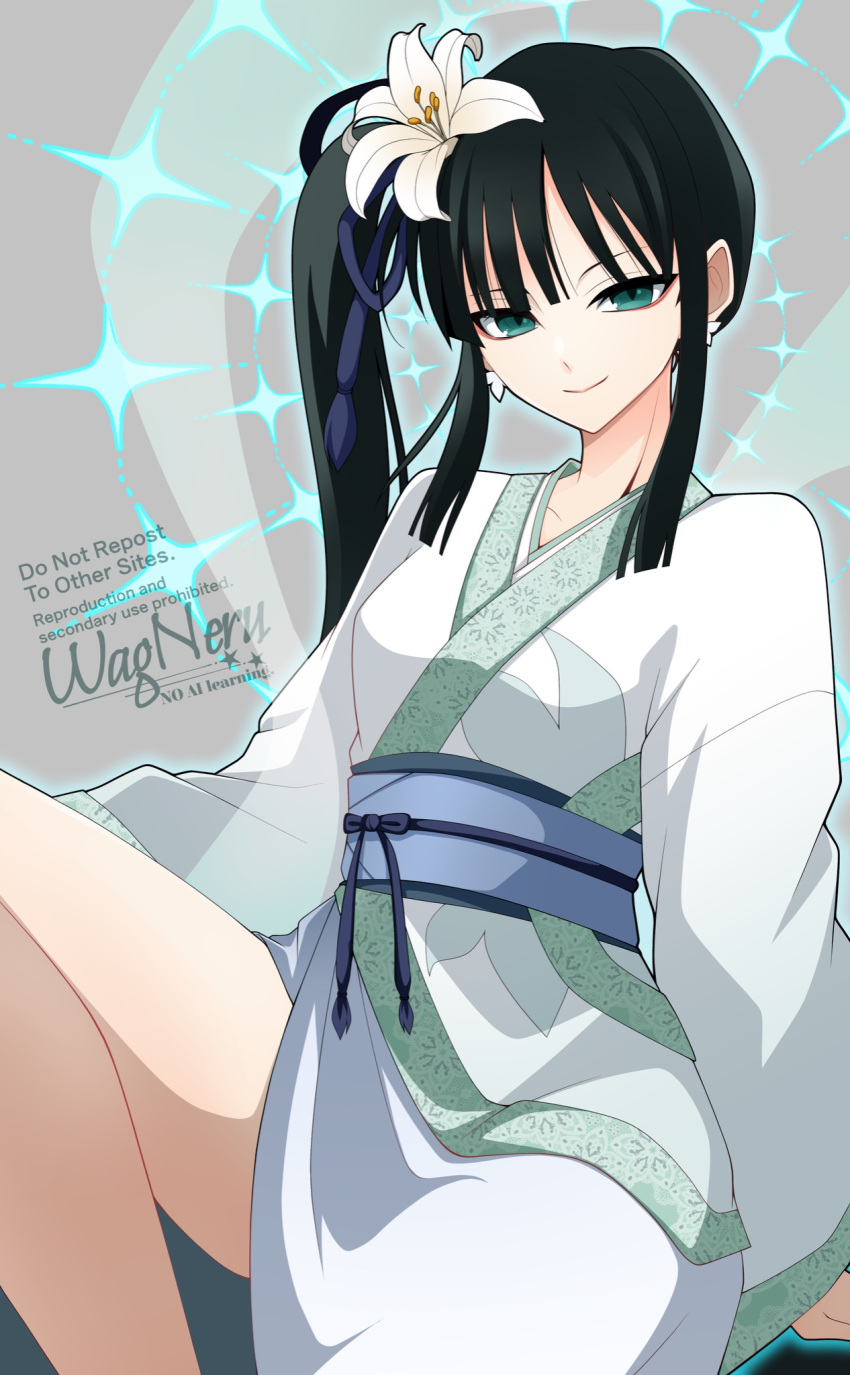 1girl, black_hair, breasts, commentary_request, fate/grand_order, fate_(series), flower, green_eyes
