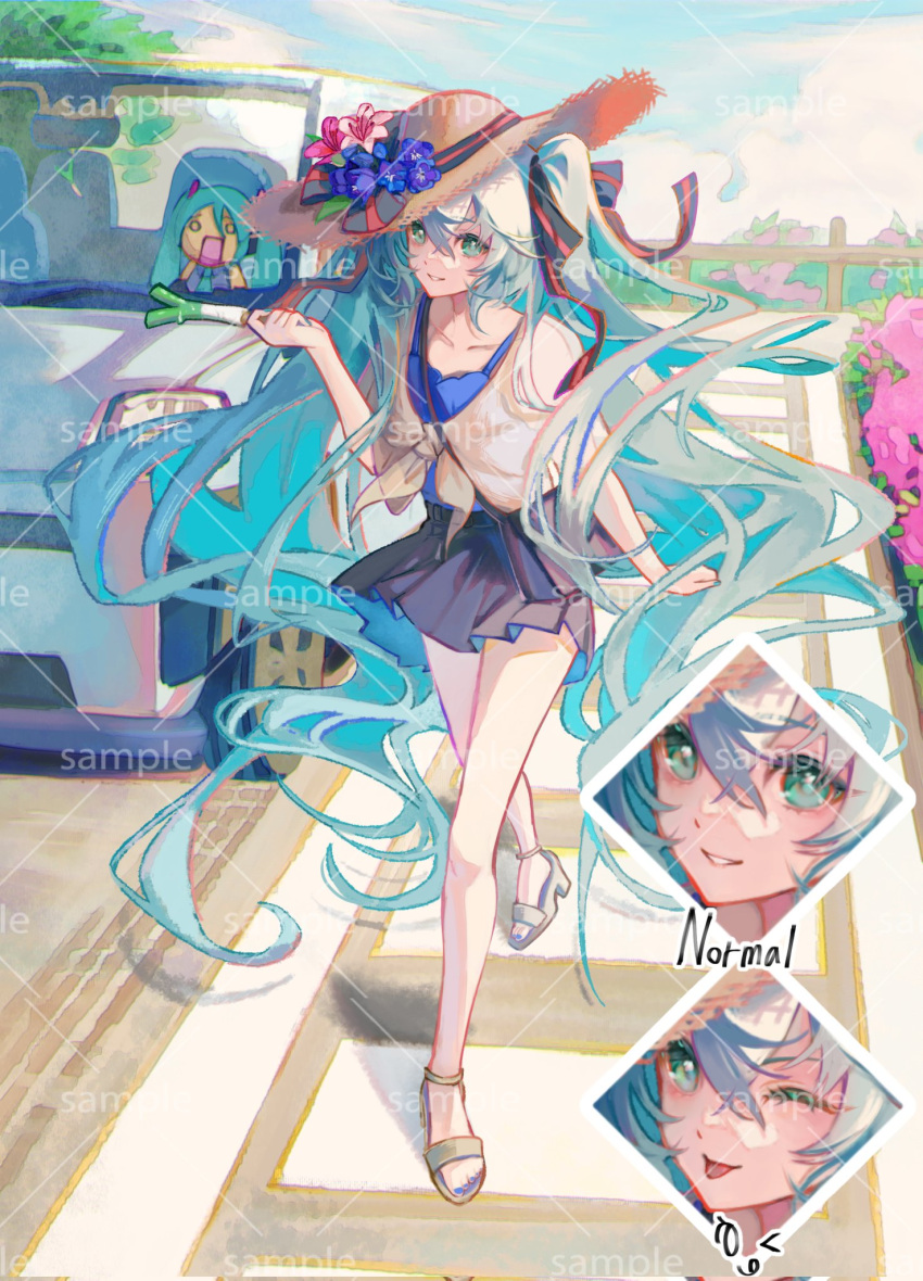 1girl, alternate_costume, bag, black_skirt, blue_eyes, blue_hair, car, character_doll