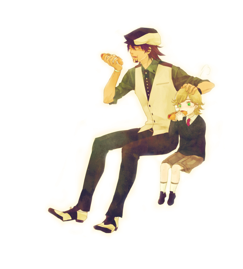 :t, barnaby_brooks_jr, blonde_hair, brown_eyes, brown_hair, cabbie_hat, child, eating, facial_hair, footwear, green_eyes, hat, highres, hot_dog, hot_dogs, kaburagi_t_kotetsu, male, multiple_boys, naoki_(naifuku_jelly), necktie, petting, short_hair, shorts, socks, stubble, tiger_&amp;_bunny, time_paradox, vest, waistcoat, watch, white_legwear, wristwatch, young