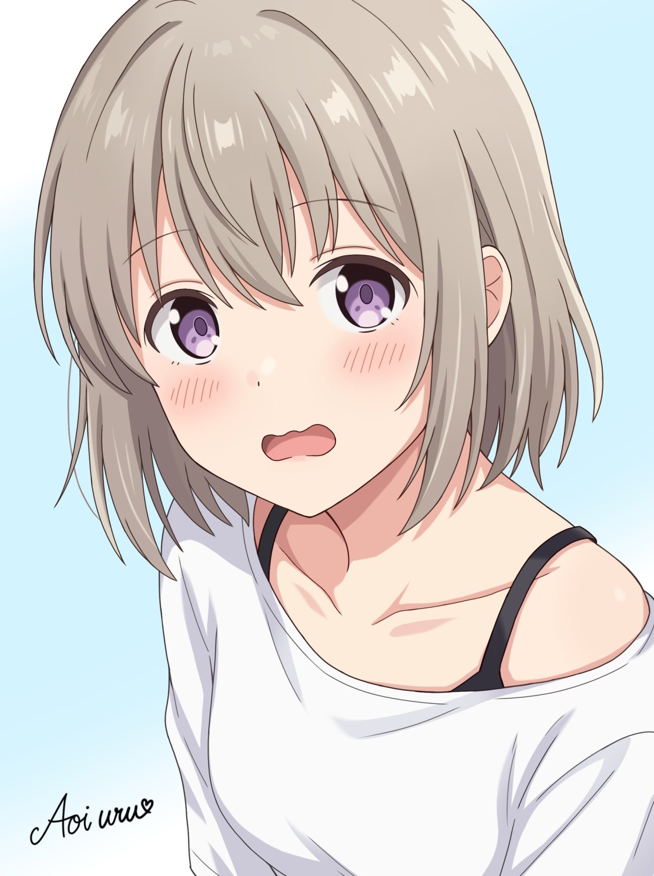 1girl, bare_shoulders, black_bra, blue_background, blush, bra, brown_hair, collarbone