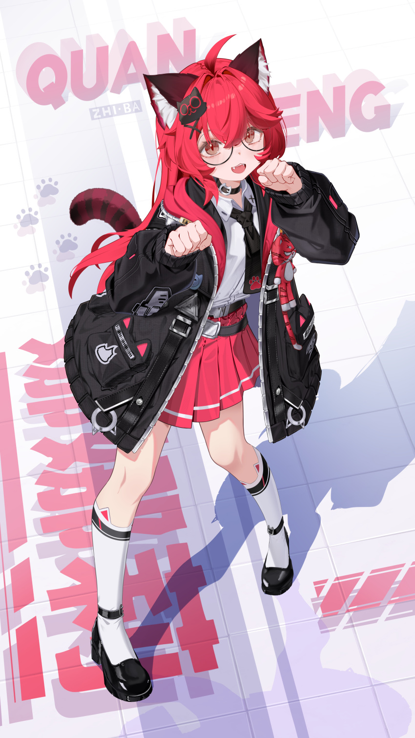 1girl, absurdres, ahoge, animal_ear_fluff, animal_ears, bing_nuan_nuan, black-framed_eyewear, black_choker, black_jacket, black_necktie, black_shoes, cat_ears, cat_girl, cat_tail, choker, collared_shirt, glasses, highres, jacket, long_hair, looking_at_viewer, nanally_(nte), necktie, neverness_to_everness, open_mouth, paw_pose, red_eyes, red_hair, shirt, shoes, smile, socks, solo, tail, white_shirt, white_socks