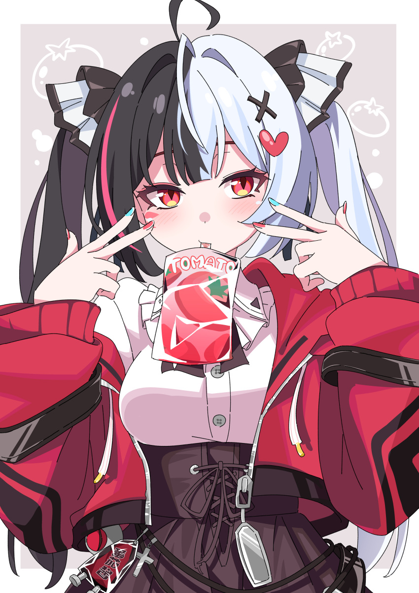 1girl, absurdres, aqua_nails, black_hair, black_skirt, cardigan, hair_ornament, heart