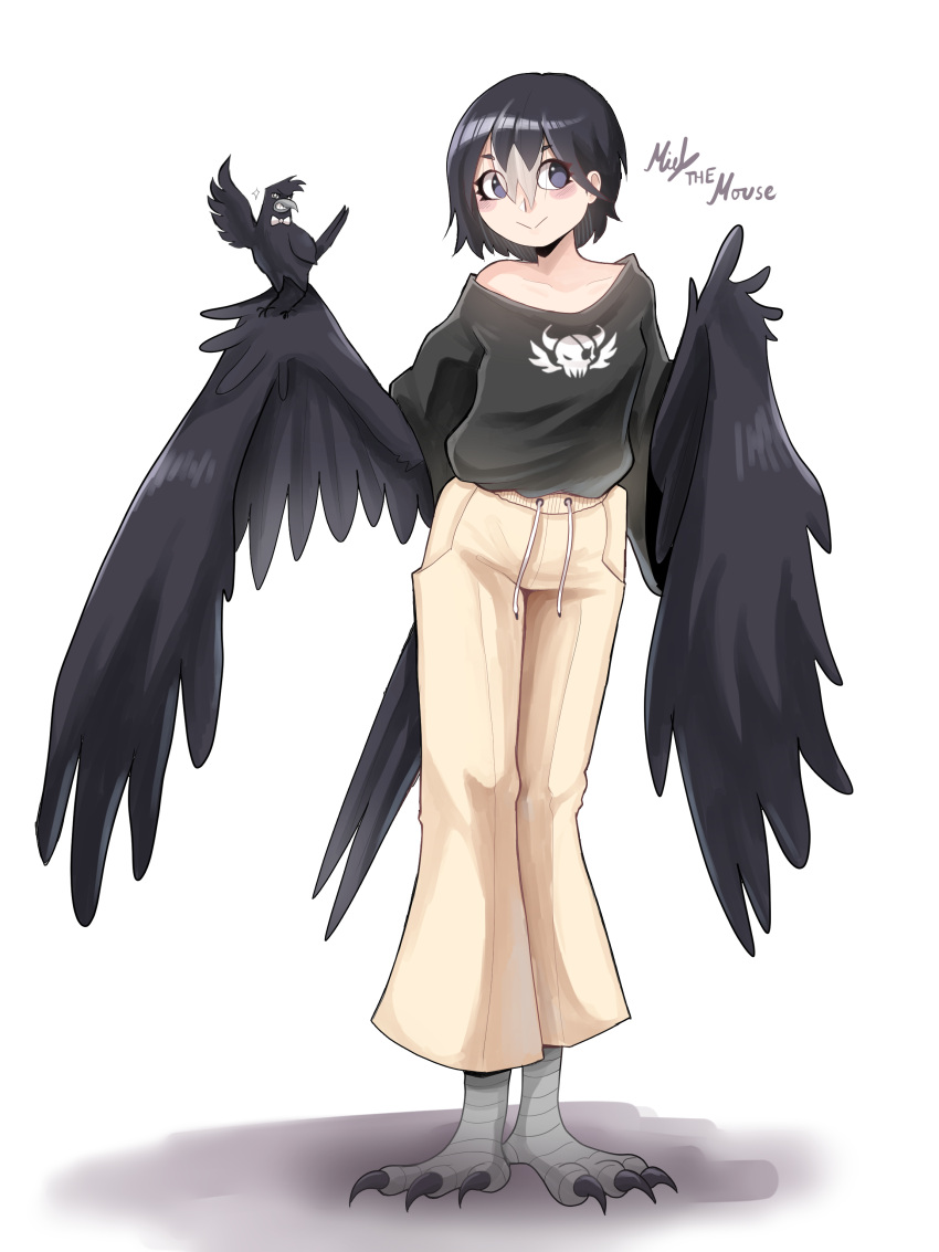 1girl, absurdres, animal_on_arm, bird, bird_legs, bird_on_arm, bird_tail, black_eyes