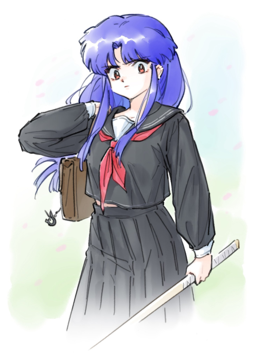 1girl, akirakawa, bag, black_sailor_collar, black_skirt, blue_hair, brown_bag, brown_eyes