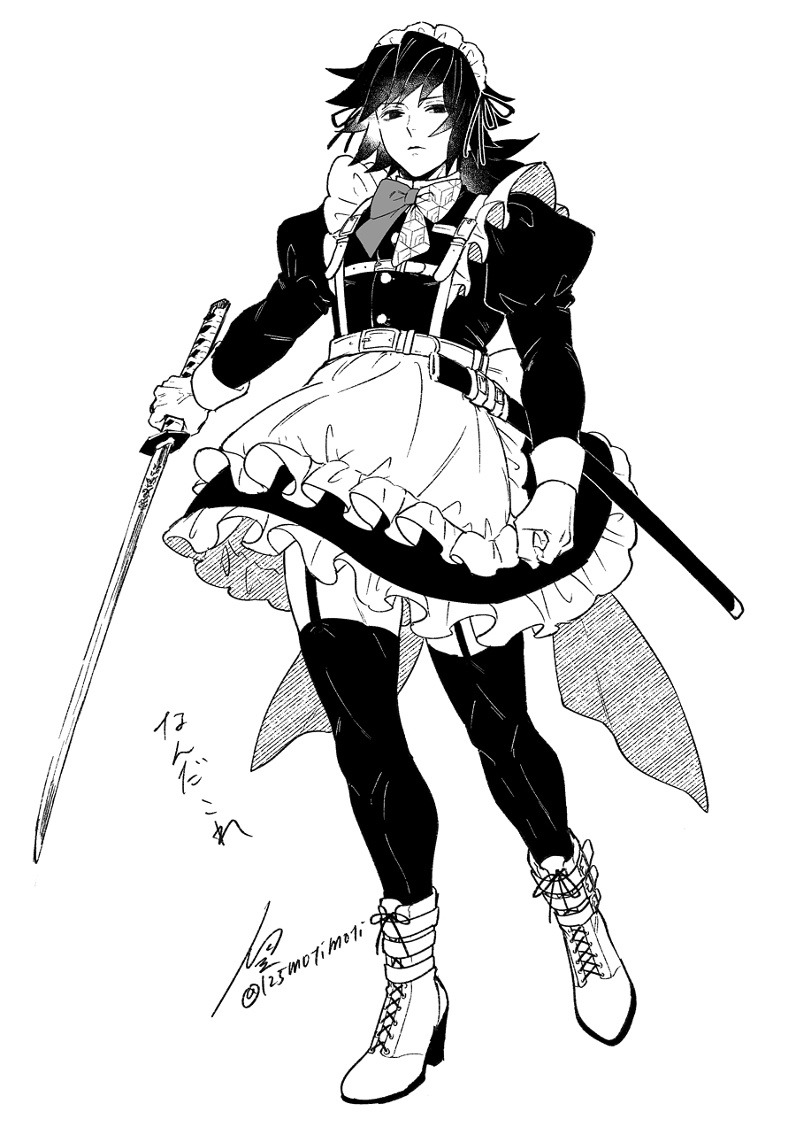 1boy, apron, buttons, commentary_request, crossdressing, crossdressing_(mtf), empty_eyes, frills