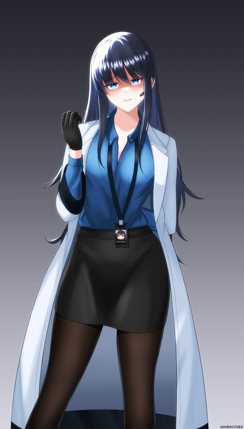1girl, absurdres, arm_behind_back, artist_name, black_gloves, black_hair, black_pantyhose, black_skirt