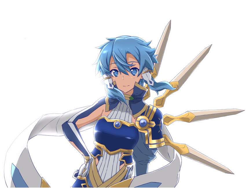 1girl, armor, asagi501, blade_wings, blue_armor, blue_eyes, blue_hair, blue_shrug