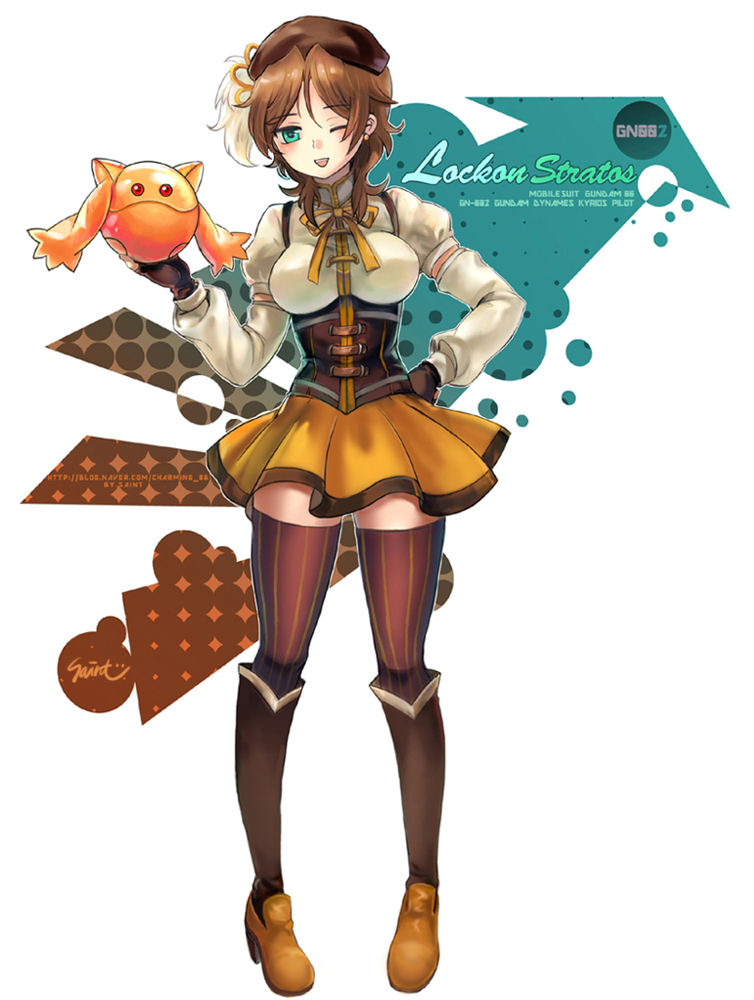 beret, blue_eyes, boots, breasts, brown_hair, character_name, corset, cosplay