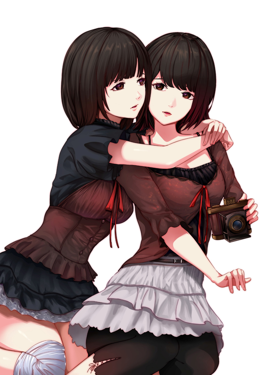 2girls, absurdres, amakura_mayu, amakura_mio, bandaged_leg, bandages, belt, belt_buckle