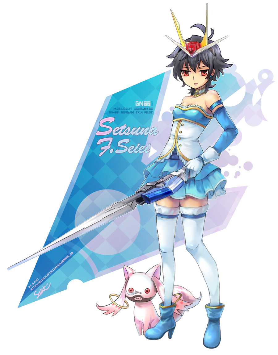 aeolia_schenberg, aeolia_schenberg_(cosplay), bare_shoulders, beard, black_hair, character_name, cosplay, earrings, facial_hair, genderswap, gloves, gundam, gundam_00, hat, high_heels, jewelry, kyubey, magical_girl, mahou_shoujo_madoka_magica, miki_sayaka, miki_sayaka_(cosplay), monocle, parody, red_eyes, saintklein, setsuna_f_seiei, shoes, short_hair, sword, thigh-highs, thighhighs, weapon, white_gloves, white_legwear, zettai_ryouiki