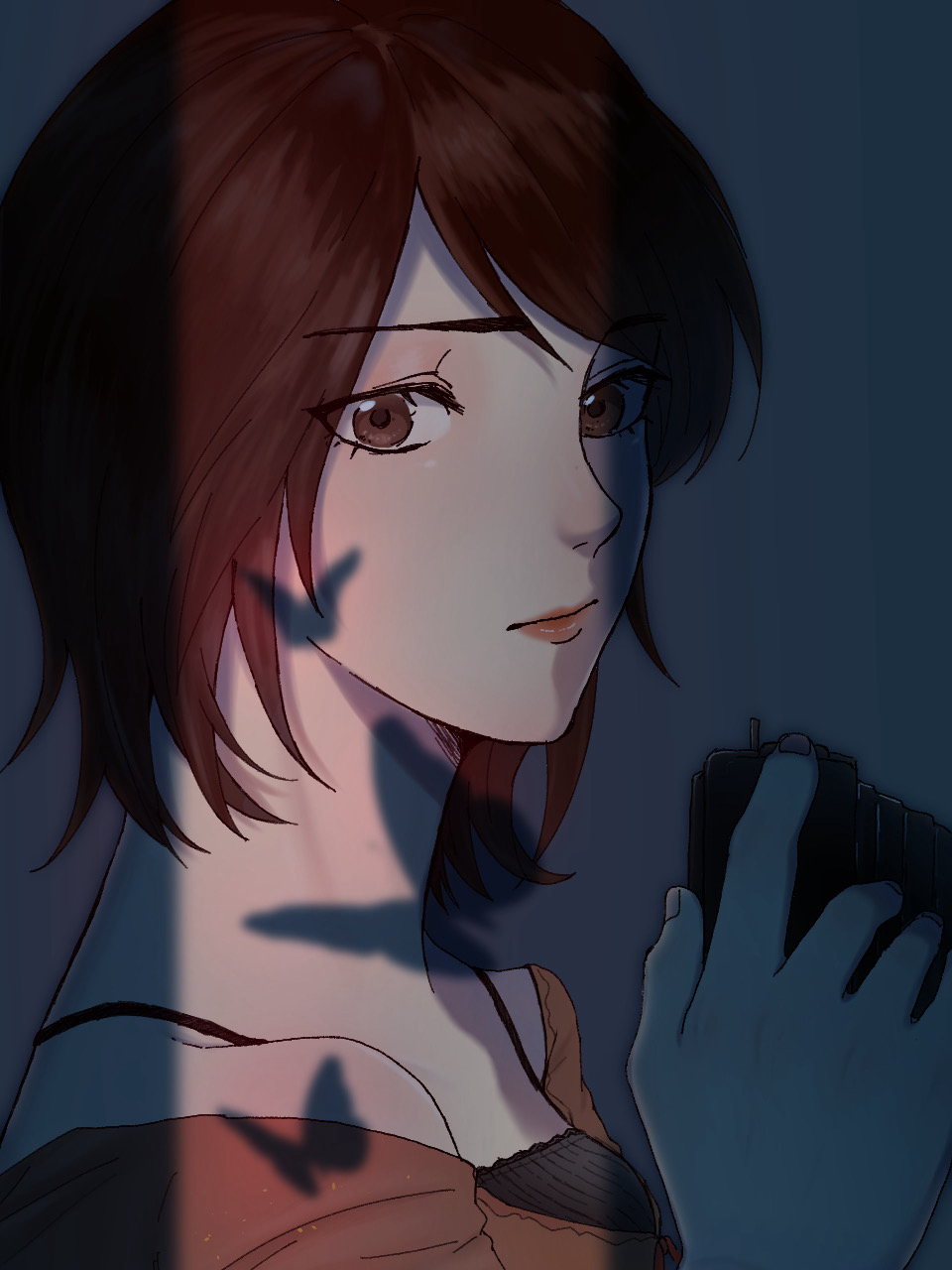 1girl, amakura_mio, bare_shoulders, black_camisole, brown_eyes, brown_hair, brown_shirt, bug