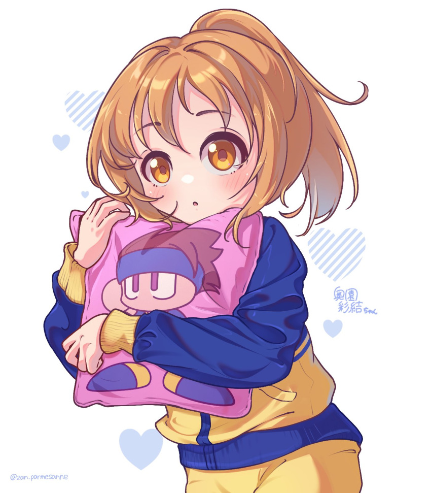 1girl, :o, blue_jacket, character_print, commentary_request, cushion, heart, high_ponytail