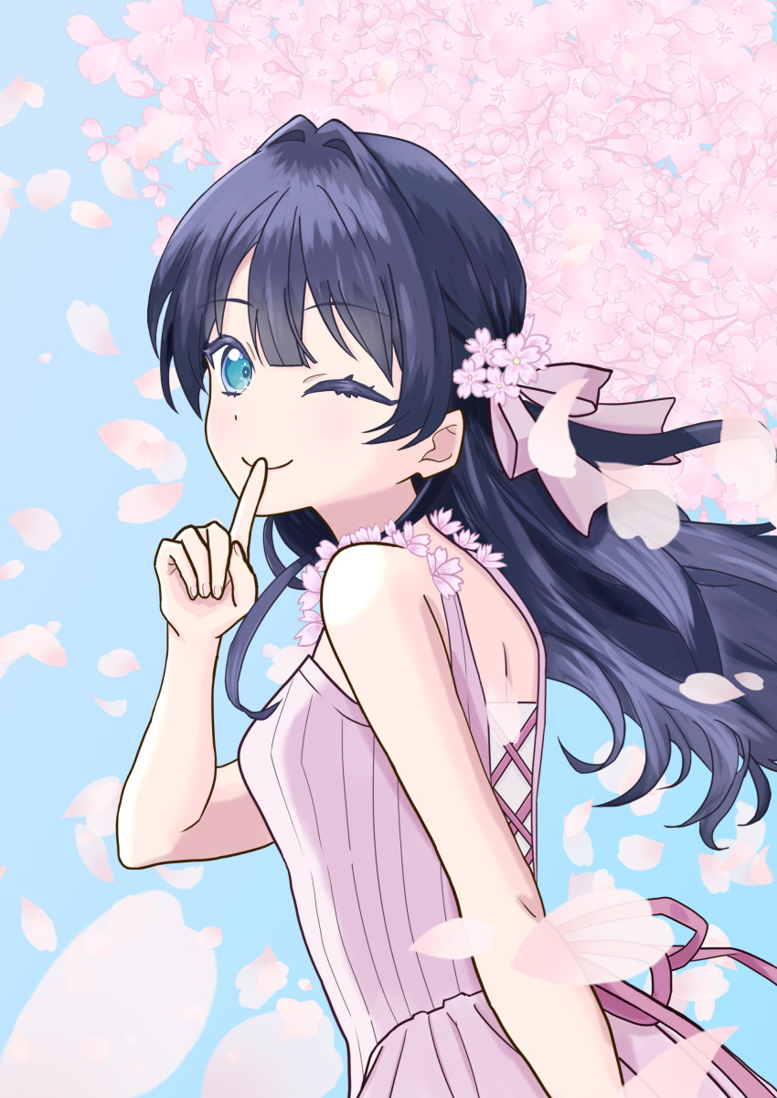 1girl, ;), absurdres, bare_shoulders, cherry_blossoms, closed_mouth, commentary_request, dress