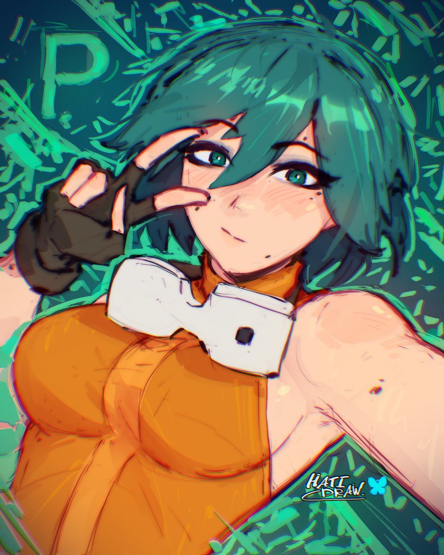 1girl, aqua_eyes, aqua_hair, artist_name, breasts, commentary, english_commentary, fingerless_gloves