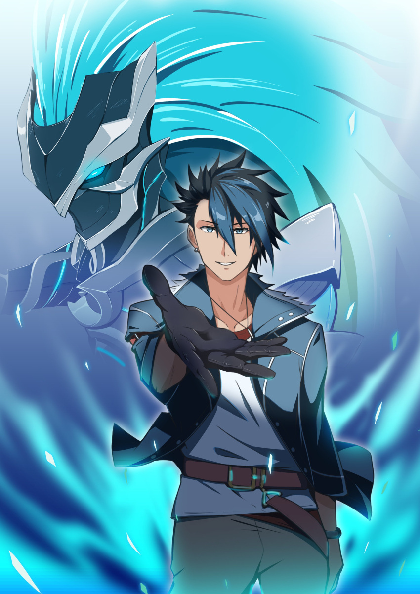 1boy, absurdres, armor, blue_coat, blue_hair, coat, collared_shrug, commentary_request