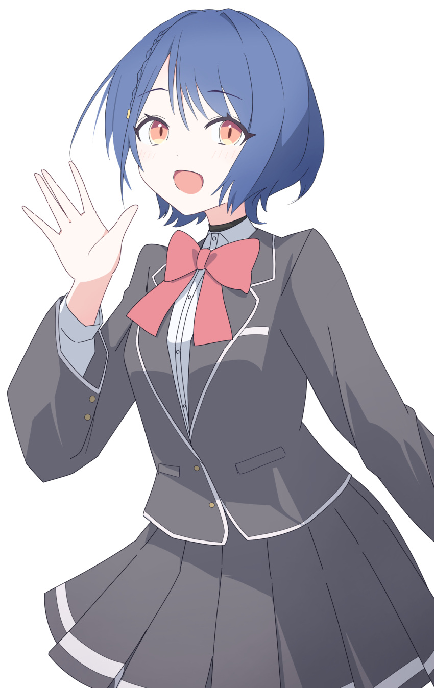 1girl, :d, \||/, black_jacket, black_skirt, blazer, blue_hair, bow