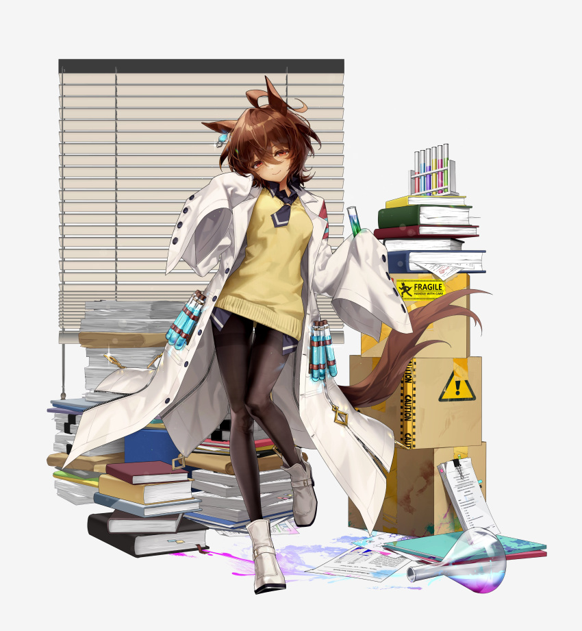 1girl, absurdres, agnes_tachyon_(tach-nology)_(umamusume), agnes_tachyon_(umamusume), animal_ears, black_necktie, black_pantyhose, book