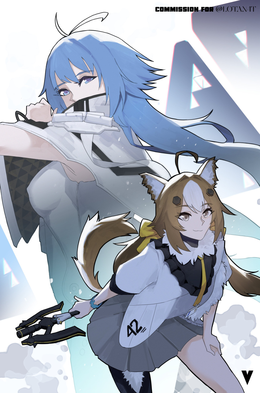 2girls, absurdres, animal_ears, blue_eyes, blue_hair, breasts, brown_eyes, brown_hair