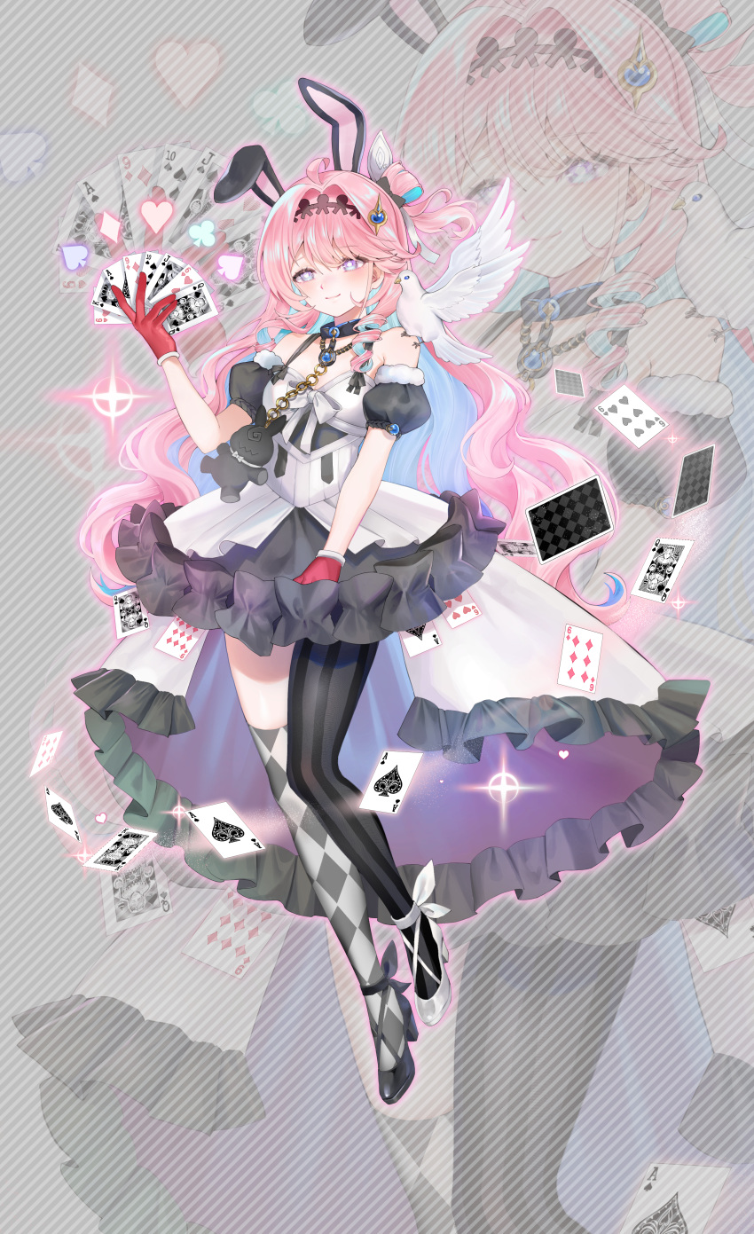 1girl, absurdres, ace_(playing_card), ace_of_spades, alternate_costume, animal_ears, animal_on_shoulder, asymmetrical_footwear