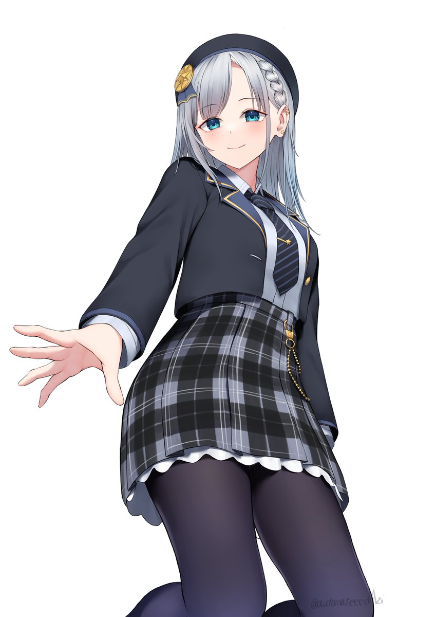 1girl, asumi_ririse, black_jacket, black_necktie, black_pantyhose, blush, commentary_request, green_eyes, grey_eyes, hat, highres, jacket, kneehighs, long_hair, looking_at_viewer, m->g, necktie, pantyhose, school_uniform, shirt, simple_background, skirt, smile, socks, solo, voicepeak, white_background, white_shirt