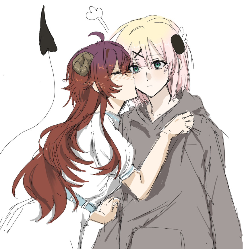 2girls, blush, chiyoda_momo, closed_eyes, commentary, demon_horns, demon_tail, dress